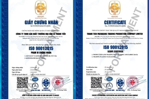 Chứng chỉ in ấn bao bì tại Trung Thàng